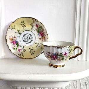 Vintage SAJI cup and reticulated saucer Japan pedestal teacup opalescent floral